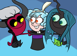 Size: 2200x1600 | Tagged: safe, artist:dancingmylifeaway, cozy glow, lord tirek, queen chrysalis, changeling, changeling queen, human, antagonist, blursed, bucktooth, cursed image, cute, evil, fairly odd parents, female, funny, hat, humanized, magic trick, not salmon, only the dead can know peace from this evil, redraw, roleplay, simple background, smiling, the fairly oddparents, trio, wat, what has magic done, what has science done