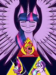 Size: 1024x1373 | Tagged: safe, artist:cornerverse, midnight sparkle, sci-twi, starlight glimmer, sunset satan, sunset shimmer, twilight sparkle, twilight sparkle (alicorn), alicorn, equestria girls, counterparts, crying, horn, the legend of zelda, triangle, triforce, twilight's counterparts, wings