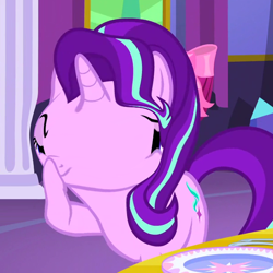 Size: 600x600 | Tagged: safe, edit, edited screencap, screencap, starlight glimmer, pony, unicorn, no second prances, boop, exploitable meme, glimmerposting, meme, self-boop, smiling, smirk, wat