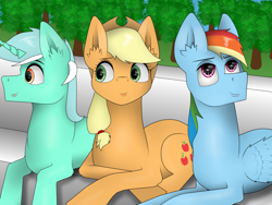 Size: 1024x768 | Tagged: safe, artist:zeronitroman, derpibooru import, applejack, lyra heartstrings, rainbow dash, earth pony, pegasus, pony, group, hanging