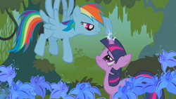 Size: 1279x720 | Tagged: safe, derpibooru import, screencap, rainbow dash, twilight sparkle, unicorn twilight, pegasus, pony, unicorn, bridle gossip, everfree forest, flower, flying, forest, plant, poison joke, poison joke field, poking