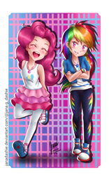 Size: 800x1280 | Tagged: safe, artist:janadashie, derpibooru import, pinkie pie, rainbow dash, better together, equestria girls, clothes, converse, cute, diapinkes, eyes closed, human coloration, jacket, moe, necklace, open mouth, pantyhose, sandals, shoes, skirt, sneakers, tanktop