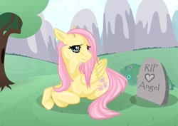 Size: 813x576 | Tagged: safe, artist:artiststallion, angel bunny, fluttershy, pegasus, pony, crying, grave, sad, solo