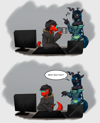 Size: 1052x1291 | Tagged: safe, artist:tea-redrex, queen chrysalis, oc, anthro, changeling, changeling queen, dinosaur, ask, bust, clothes, comic, computer, female, male, sweater, talking