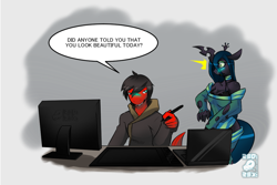 Size: 1052x704 | Tagged: safe, artist:tea-redrex, queen chrysalis, oc, anthro, changeling, changeling queen, dinosaur, ask, bust, clothes, comic, computer, female, male, sweater, talking