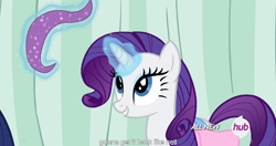 Size: 1152x607 | Tagged: safe, screencap, rarity, pony, unicorn, rainbow falls, hub logo, magic, meme, solo, youtube caption