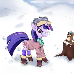 Size: 1000x1000 | Tagged: safe, artist:ezkarpy, derpibooru import, twilight sparkle, animal, clothes, glasses, snow, winter