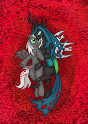 Size: 849x1200 | Tagged: safe, queen chrysalis, oc, changeling, changeling queen, pegasus, pony, american beauty, daydream, female, flower, imagination, laying on roses, lester burnham, movie, movie reference, ocean of flowers, rose, wings