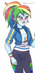 Size: 1984x4092 | Tagged: safe, artist:sumin6301, derpibooru import, rainbow dash, better together, equestria girls, blushing, clothes, female, open mouth, pants, simple background, solo, white background