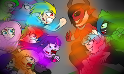 Size: 2000x1200 | Tagged: safe, artist:enderboy1908, applejack, cozy glow, fluttershy, lord tirek, pinkie pie, queen chrysalis, rainbow dash, rarity, spike, twilight sparkle, centaur, changeling, changeling queen, equestria girls, the ending of the end, crossover, equestria girls-ified, final battle, human spike, injured, mane six, sonic the hedgehog, sonic the hedgehog (series), super sonic, teary eyes, ultimate chrysalis