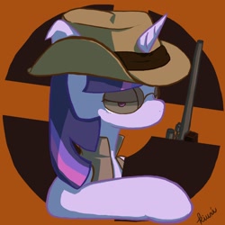 Size: 1200x1200 | Tagged: safe, artist:kiuxi, derpibooru import, twilight sparkle, gun, hat, sniper, sunglasses, team fortress 2, weapon