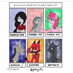 Size: 1080x1080 | Tagged: safe, artist:pony.flu, discord, marble pie, pinkie pie, queen chrysalis, changeling, changeling queen, draconequus, earth pony, pony, adventure time, alastor, bust, clothes, crossed arms, crossover, female, hazbin hotel, male, marceline, mare, pushing, six fanarts, staff