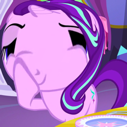 Size: 600x600 | Tagged: safe, edit, edited screencap, screencap, starlight glimmer, pony, unicorn, no second prances, boop, exploitable meme, glimmerposting, meme, self-boop, smiling, smirk, wat