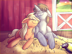 Size: 1024x768 | Tagged: safe, artist:fizzy-dog, applejack, oc, earth pony, pony, barn, canon x oc, eyes closed, goggles, hat, hatless, hay, loose hair, missing accessory, shipping