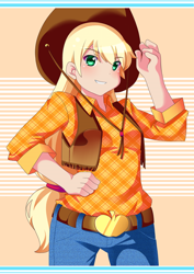 Size: 600x848 | Tagged: safe, artist:r0cket-cat, applejack, human, applejack's hat, blonde hair, clothes, female, humanized, solo