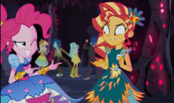 Size: 1830x1080 | Tagged: safe, screencap, captain planet, derpy hooves, flash sentry, paisley, pinkie pie, sunset shimmer, equestria girls, legend of everfree, legend of everfree - bloopers, background human, blooper, boots, clothes, crystal gala, death stare, fall formal outfits, finger gun, finger guns, high heel boots, pointing, shoes, sneakers, tuxedo