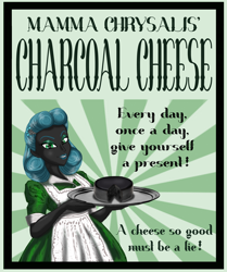 Size: 1418x1700 | Tagged: safe, artist:ponymaan, queen chrysalis, changeling, changeling queen, equestria girls, apron, cheese, clothes, equestria girls-ified, female, food, housewife, lipstick, queen swissalis, solo, sunburst background, tray