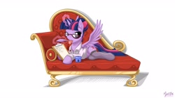 Size: 2560x1440 | Tagged: safe, artist:mysticalpha, derpibooru import, twilight sparkle, twilight sparkle (alicorn), alicorn, pony, alternate hairstyle, clothes, glasses, quill, sofa, stockings, tongue out, wallpaper, writing