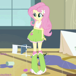 Size: 500x500 | Tagged: safe, screencap, fluttershy, equestria girls, equestria girls (movie), animated, boots, broom, chair, clothes, corn, cup, cute, food, high heel boots, skirt, socks, table, throwing things at fluttershy