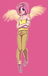 Size: 571x900 | Tagged: safe, artist:ripushko, butterscotch, fluttershy, clothes, humanized, rule 63, solo, spaghetti strap, tanktop, thick eyebrows, transgender, winged humanization