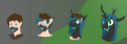 Size: 7016x2480 | Tagged: safe, artist:settop, queen chrysalis, changeling, human, face mask, female, head only, human to changeling, male to female, mare, one eye closed, open mouth, rule 63, tongue out, transformation, transformation sequence, transgender transformation