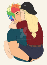 Size: 1024x1418 | Tagged: safe, artist:nolycs, derpibooru import, applejack, rainbow blitz, rainbow dash, human, appleblitz (straight), cap, clothes, ear piercing, eyes closed, female, half r63 shipping, hat, humanized, jeans, kissing, male, multicolored hair, pants, piercing, rule 63, shipping, shirt, shorts, straight, watermark