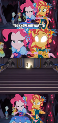 Size: 844x1768 | Tagged: safe, screencap, pinkie pie, sunset shimmer, equestria girls, legend of everfree, blooper, dragon ball xenoverse 2, dumplin, exploitable meme, meme, pinkie's mindspace, screencap comic, sunset sees things, team four star, trunks