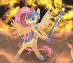 Size: 800x696 | Tagged: safe, artist:trojan-pony, fluttershy, pegasus, pony, armor, bipedal, solo, spread wings, sword, wings