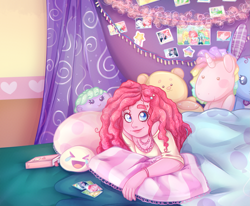 Size: 1939x1594 | Tagged: safe, artist:jumblehorse, artist:sl0ne, derpibooru import, applejack, fluttershy, pinkie pie, rainbow dash, rarity, twilight sparkle, human, collaboration, equestria girls, bed, clothes, female, humane five, humane six, humanized, looking at you, pillow, plushie, pony coloring, smiling, solo focus