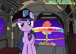 Size: 1024x720 | Tagged: safe, artist:filipinoninja95, derpibooru import, twilight sparkle, atomic rainboom, call of duty, frown, glare, looking at you, mushroom cloud, nuclear weapon, palindrome get, solo