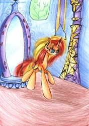 Size: 821x1159 | Tagged: safe, artist:emi-288, sunset shimmer, pony, magic mirror, solo, traditional art