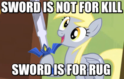 Size: 560x359 | Tagged: safe, derpy hooves, pegasus, pony, conan the barbarian, female, image macro, jontron, mare, master sword, meme, solo, sword, the legend of zelda