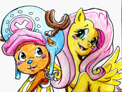 Size: 1000x755 | Tagged: safe, artist:irie-mangastudios, fluttershy, pegasus, pony, choppershy, colored pencil drawing, crossover, crossover shipping, female, male, one piece, straight, tony tony chopper, traditional art