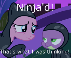 Size: 350x287 | Tagged: safe, edit, edited screencap, screencap, pinkie pie, spike, dragon, earth pony, pony, it's about time, catsuit, cropped, duo, ninja, reaction image, text