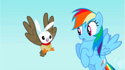 Size: 1283x720 | Tagged: safe, derpibooru import, screencap, angel bunny, owlowiscious, rainbow dash, chimera, pegasus, pony, may the best pet win, allpet, collar, dog collar, dream, flying