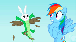 Size: 1281x719 | Tagged: safe, derpibooru import, screencap, gummy, owlowiscious, rainbow dash, alligator, chimera, pegasus, pony, may the best pet win, allpet, dream, feather, flying