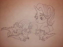 Size: 1600x1200 | Tagged: safe, artist:jebens1, starlight glimmer, dinosaur, pony, unicorn, mama starlight, monochrome, motherly, prone, smiling, traditional art