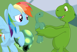 Size: 1089x733 | Tagged: safe, artist:porygon2z, derpibooru import, rainbow dash, tank, pegasus, pony, tortoise, turtle, crossover, franklin, no shell, nudity