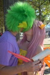 Size: 640x960 | Tagged: safe, artist:bakakawaicosplay0o0, fluttershy, spike, human, cosplay, female, flutterspike, irl, irl human, letter, male, photo, quill, rimini comix, shipping, straight