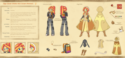 Size: 2150x1008 | Tagged: safe, artist:howxu, sunset shimmer, equestria girls, backpack, cargo pants, clothes, glasses, jacket, leotard, reference sheet, robe, solo