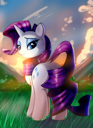 Size: 2400x3300 | Tagged: safe, artist:skyart301, rarity, pony, unicorn, cloud, cloudy, covering, curly hair, cutie mark, dock, eyebrows, eyelashes, eyeshadow, grass, horn, looking back, makeup, plot, purple hair, sky, smiling, solo, sunset, tail covering, tree