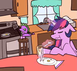 Size: 1061x988 | Tagged: safe, artist:ghost, derpibooru import, spike, twilight sparkle, twilight sparkle (alicorn), alicorn, dragon, pony, breakfast, cooking, egg (food), female, food, fork, knife, mare, morning ponies, napkin, plate