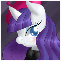 Size: 1280x1280 | Tagged: safe, artist:inumocchi, rarity, pony, unicorn, beatnik rarity, beret, bust, clothes, hat, portrait, solo