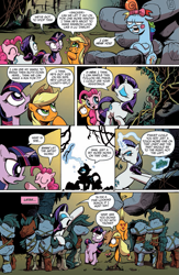 Size: 663x1020 | Tagged: safe, artist:andypriceart, derpibooru import, idw, applejack, pinkie pie, rainbow dash, rarity, twilight sparkle, unicorn twilight, earth pony, pegasus, pony, unicorn, the return of queen chrysalis, spoiler:comic, spoiler:comic02, cave troll, cave troll jim, female, idw advertisement, magic, mare, official comic, rainbow dash is not amused, telekinesis, unamused