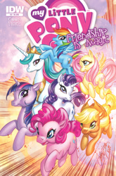 Size: 659x1000 | Tagged: safe, artist:j. scott campbell, derpibooru import, idw, applejack, fluttershy, pinkie pie, princess celestia, rainbow dash, rarity, twilight sparkle, alicorn, earth pony, pegasus, pony, unicorn, spoiler:comic, backwards cutie mark, cover, female, flying, looking at you, mane six, mare, official comic, running