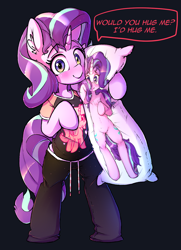 Size: 870x1200 | Tagged: safe, artist:hoodie, starlight glimmer, semi-anthro, unicorn, bipedal, body pillow, bronybait, clothes, cute, female, glimmerbetes, hug, mare, pajamas, pants, pillow, shirt, solo, suggestive source, sweet dreams fuel