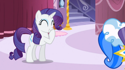 Size: 1054x592 | Tagged: safe, screencap, rarity, sapphire shores, pony, unicorn, a dog and pony show, laughing, palindrome get, solo, tail