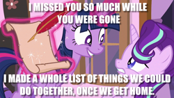 Size: 960x540 | Tagged: safe, edit, edited screencap, screencap, starlight glimmer, twilight sparkle, twilight sparkle (alicorn), alicorn, unicorn, a royal problem, duo, female, image macro, meme, obsession, quill, scroll