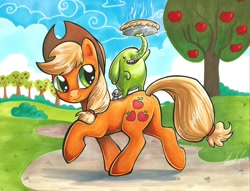 Size: 900x688 | Tagged: safe, artist:lizspit, applejack, earth pony, elephant, pony, adventure time, apple tree, crossover, food, looking back, pie, pony ride, raised hoof, riding, smiling, traditional art, tree, tree trunks