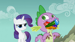 Size: 1054x592 | Tagged: safe, screencap, rarity, spike, dragon, pony, unicorn, a dog and pony show, gem, gentlemen